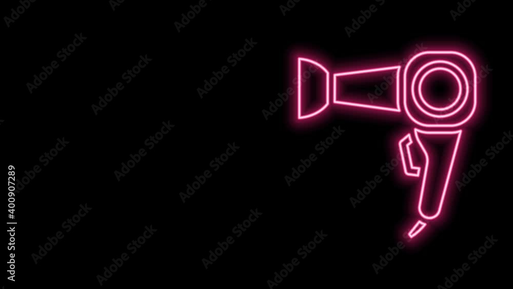 Glowing neon line Hair dryer icon isolated on black background. Hairdryer sign. Hair drying symbol. Blowing hot air. 4K Video motion graphic animation Glowing neon line Hair dryer icon isolated on black background. Hairdryer sign. Hair drying symbol. Blowing hot air. 4K Video motion graphic animation