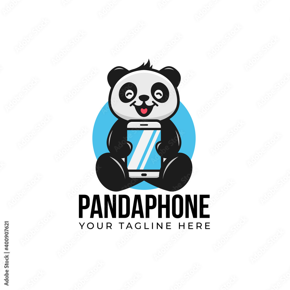 cute panda cartoon cartoon smile and hold smartphone gadget phone logo  mascot illustration vector Stock Vector