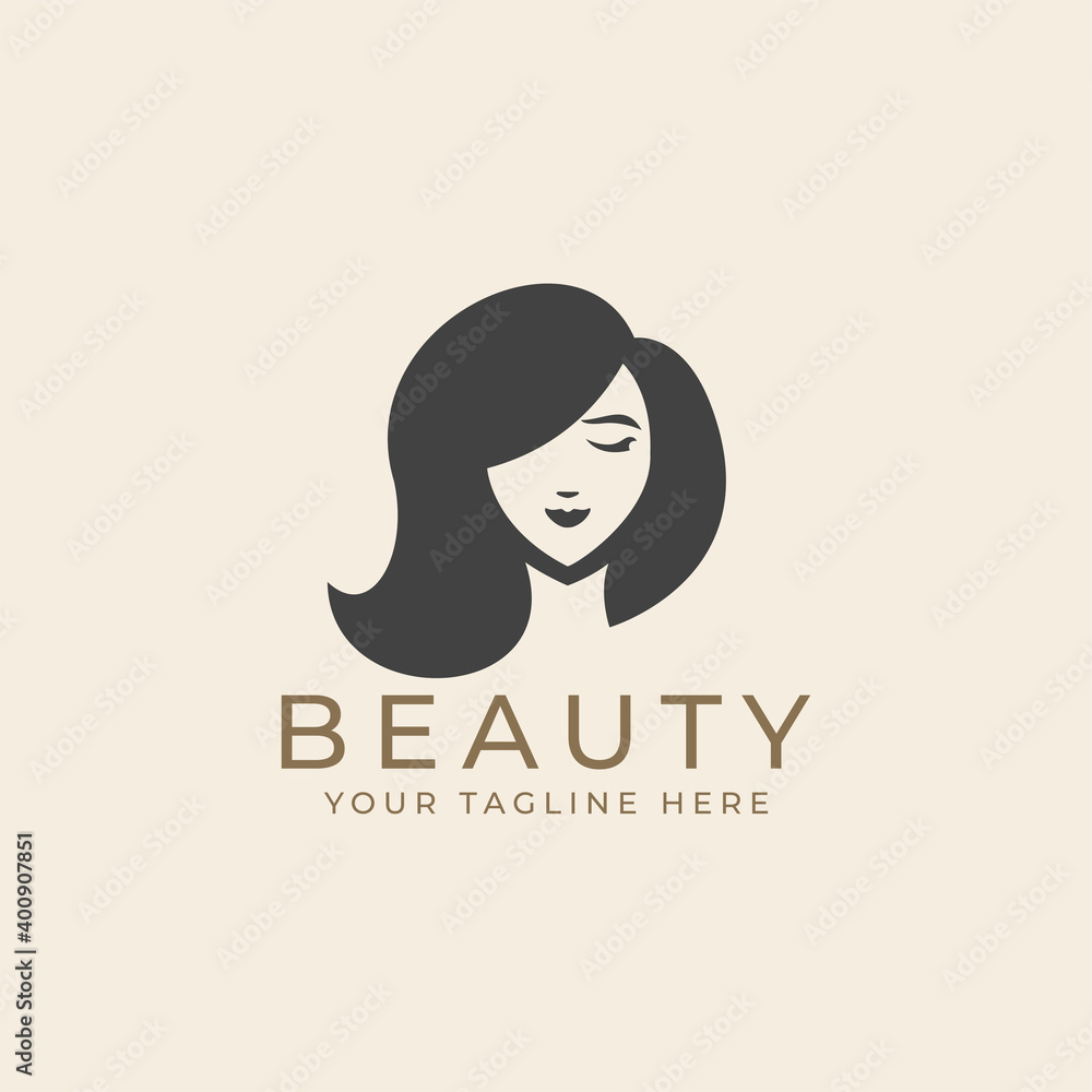 Woman beauty face with long hair in black white vintage silhouette style logo illustration