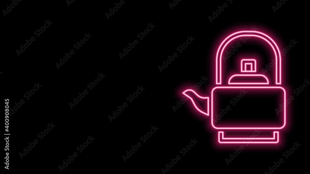 Glowing neon line Kettle with handle icon isolated on black background. Teapot icon. 4K Video motion graphic animation Glowing neon line Kettle with handle icon isolated on black background. Teapot icon. 4K Video motion graphic animation