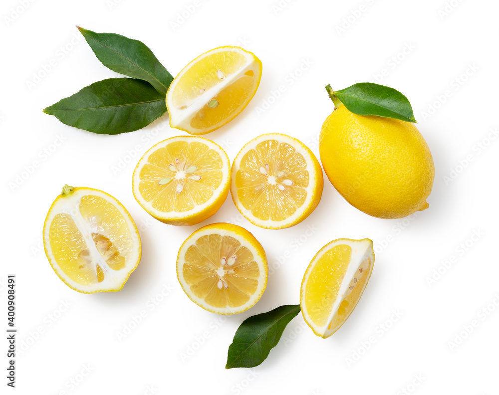 Lemons placed on a white background with copy space and cut in half