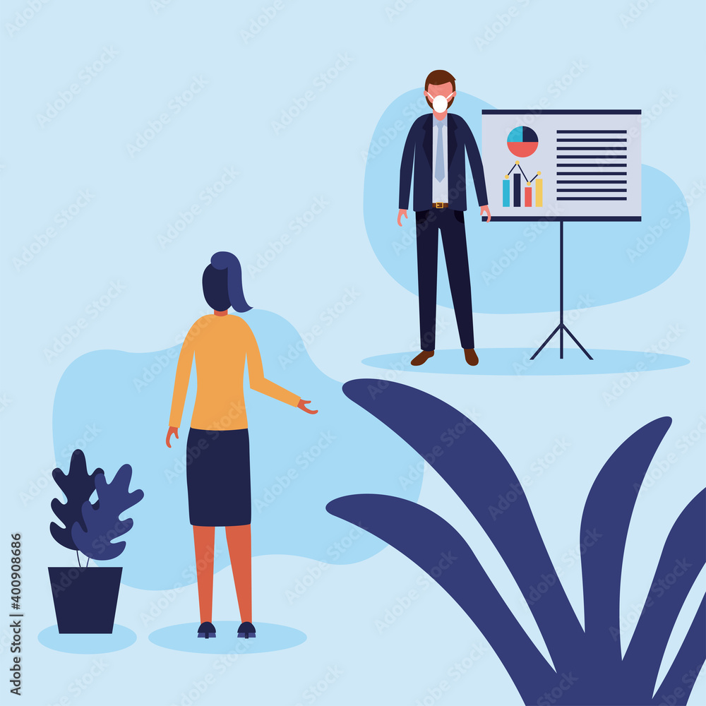 Obraz premium Office distancing between man and woman with mask and board vector design
