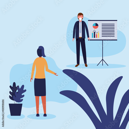 Office distancing between man and woman with mask and board vector design