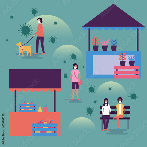 Women and men with masks and stores vector design
