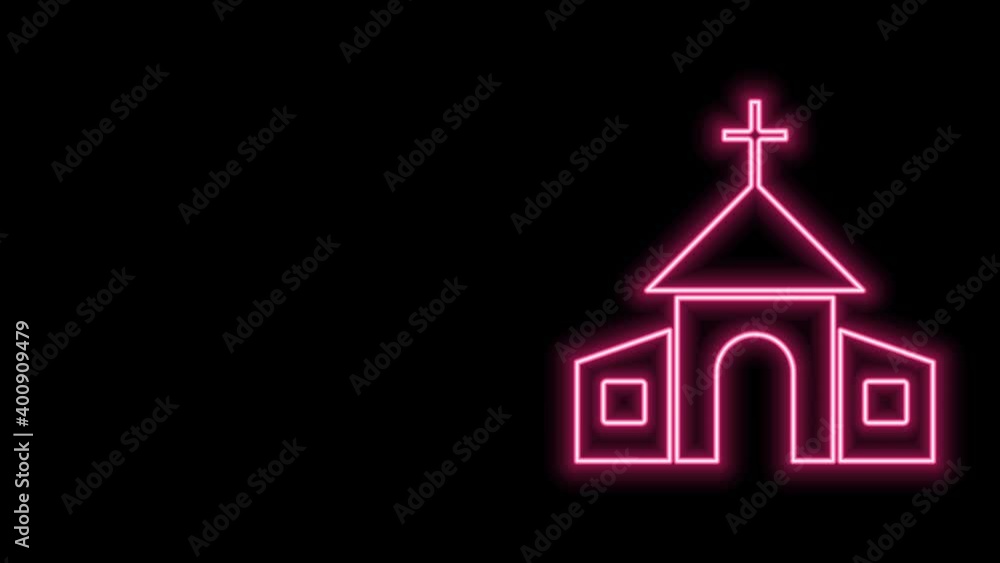 Glowing neon line Church building icon isolated on black background. Christian Church. Religion of church. 4K Video motion graphic animation Glowing neon line Church building icon isolated on black background. Christian Church. Religion of church. 4K Video motion graphic animation