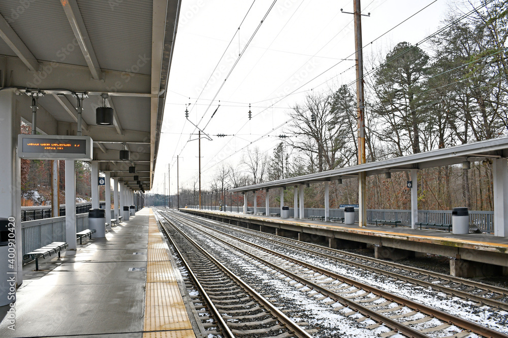 Looking at empty train lines during a pandemic winter in Baltimore, Maryland near Washington DC.