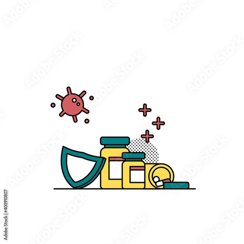 Illustration of a vaccine and drugs protecting against the corona virus