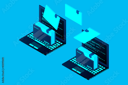 Isometric computer file transfer vector. Two Laptop computers with folders send and upload documents. Vector illustration.