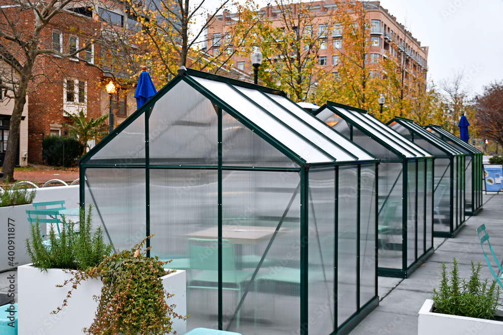 Fototapeta premium Coronavirus weatherproof outside dining rooms in Washington DC, United States. 