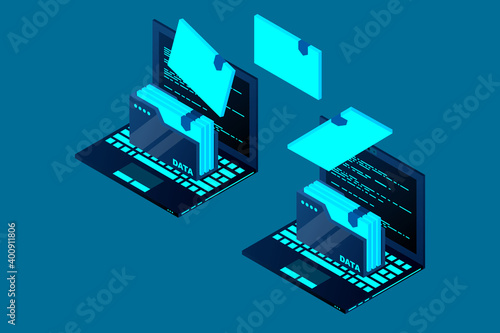 Isometric computer file transfer vector. Two Laptop computers with folders send and upload documents. Vector illustration.