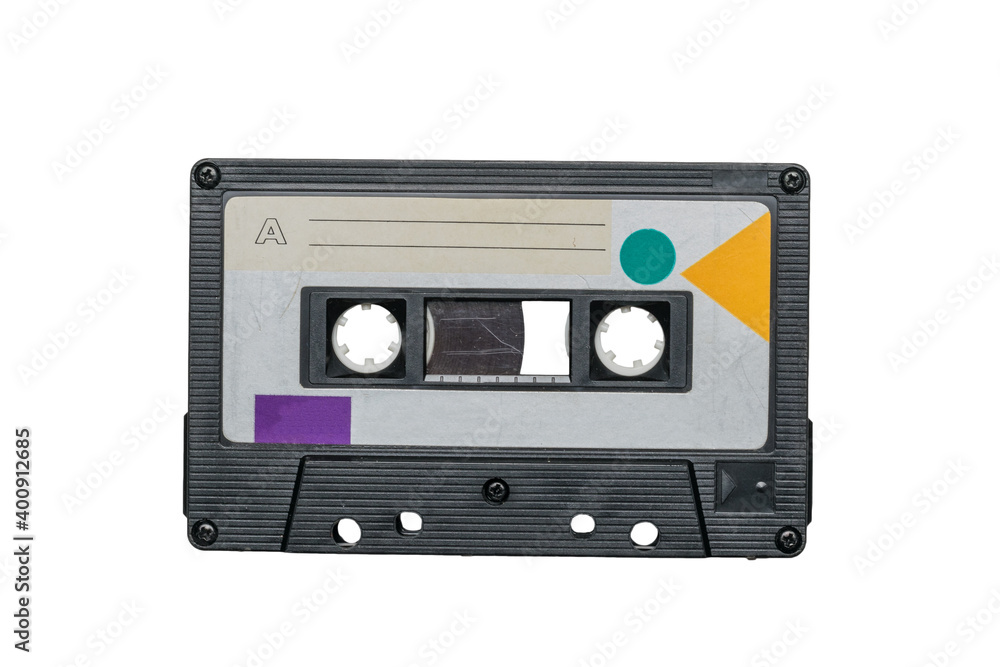 Obraz premium Retro cassette with magnetic tape isolated on a white background.