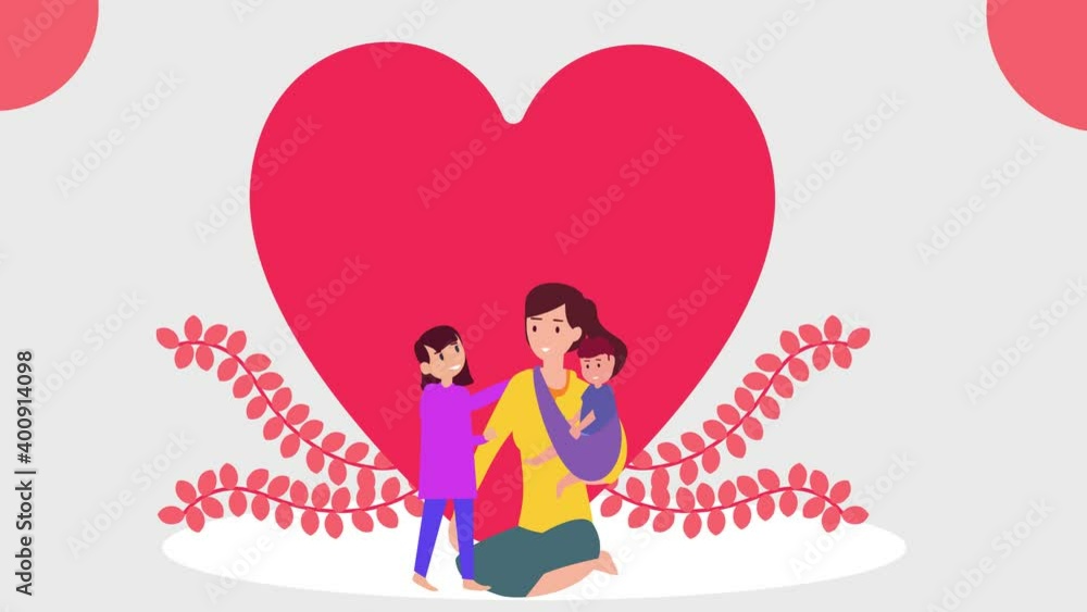 Mother holding her two children near heart symbol Mother holding her two children near heart symbol