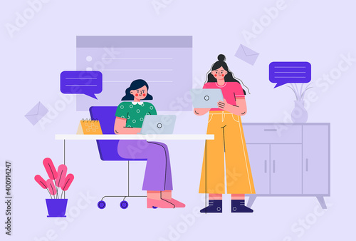 illustrations of office ladies discussing work in the office