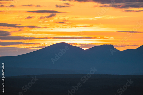 Incredible sunset in Fitzgerald River National Park, Western Australia. Beautiful golden light setting behind the mountains in the background. 