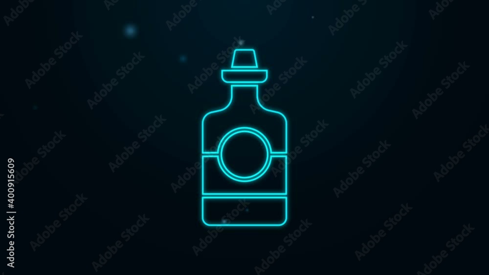 Glowing neon line Tequila bottle icon isolated on black background. Mexican alcohol drink. 4K Video motion graphic animation Glowing neon line Tequila bottle icon isolated on black background. Mexican alcohol drink. 4K Video motion graphic animation