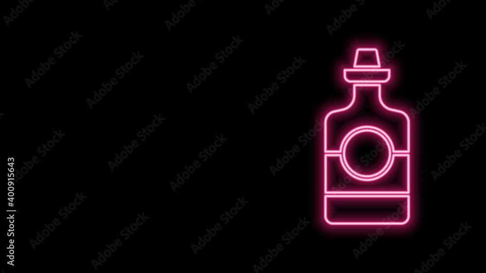 Glowing neon line Tequila bottle icon isolated on black background. Mexican alcohol drink. 4K Video motion graphic animation Glowing neon line Tequila bottle icon isolated on black background. Mexican alcohol drink. 4K Video motion graphic animation