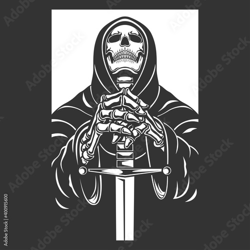 grim reaper with sword character vector illustration. black and white