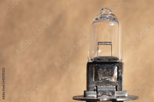 Close-up of a car lamp h1. Close-up view of an incandescent element of a halogen lamp