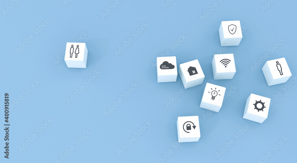 Naklejka premium Home network system concept illustration. scattered 3D rendering blocks.