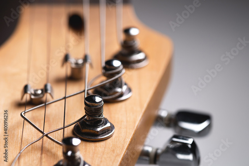 Electric guitar strings close-up. Music macro background
