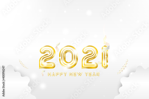 Postcard Happy new year 2021 with original gold shining font. Creative template with decoration elements. Flat vector illustration EPS10