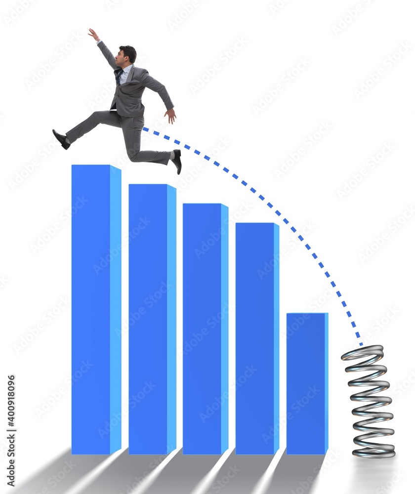 Business people jumping over bar charts Business people jumping over bar charts