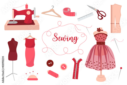 Collection of sewing tools, needles, threads, manikin, sewing machine, hanger, measuring tape. handicraft, needlework concept. vector illustration