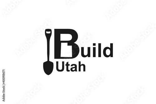 Build utah, shovel icon, negative space logo sytle. faming symbol. modern design.