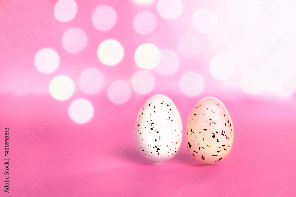Easter background with bright bokeh with Easter egg decor