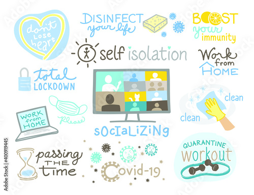 Covid-19 coronavirus illustrations collection sanitize face mask quarantine work from home
