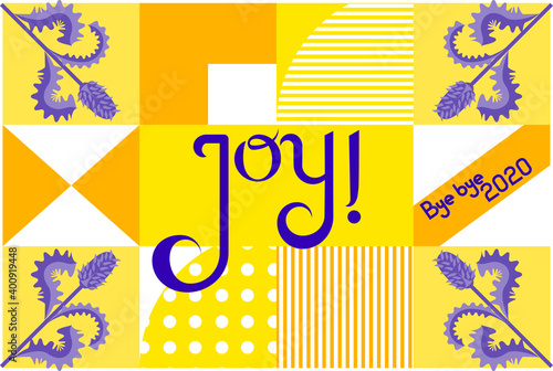 Christmas related text 'Joy' on geometric background. The text is decorated by banksias on its corners. The flower symbolizes new beginning. Suitable for greetings to wish a more positive new year