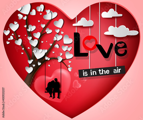 Love valentines date vector background design. Love is in the air text with dating couple lover characters sitting in swing and tree of hearts paper cut element for romantic valentines design.