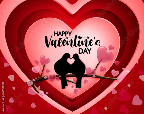 Valentines date vector background design. Happy valentine's day greeting text with dating and kissing love birds couple sitting in tree for romantic valentines greeting card design.