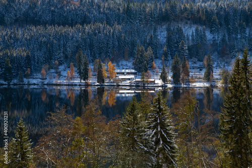 Titisee-Neustadt  Germany - 10 30 2012  surroundings of Titisee  european village  Black forest in beautiful winter cold day. Scenery is reflected in the lake. 
