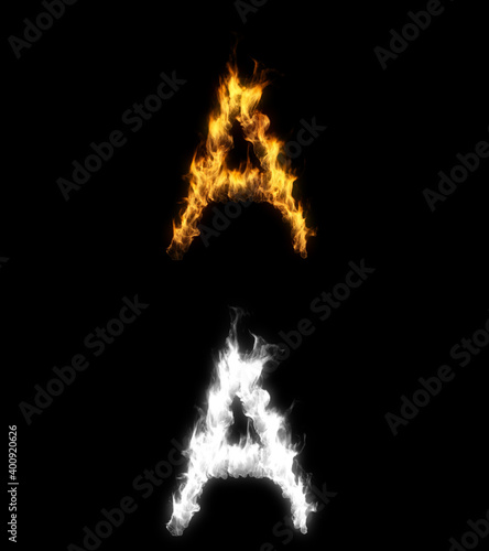 3D illustration of the letter a on fire with alpha layer