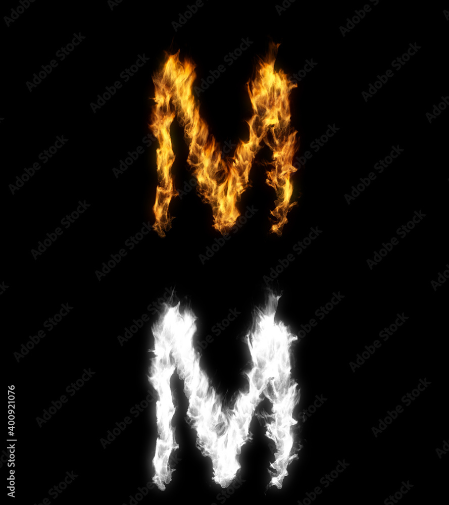 Fototapeta premium 3D illustration of the letter m on fire with alpha layer