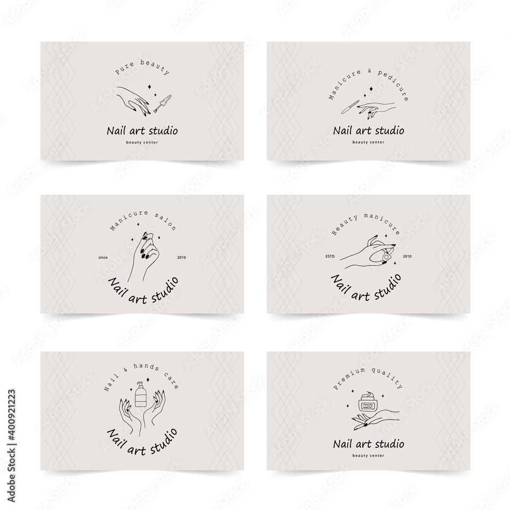 Nail art studio business card template. Modern design for beauty center, spa salon, manicure and pedicure bar. Linear vector illustration on gray background. Nail art studio business card template. Modern design for beauty center, spa salon, manicure and pedicure bar. Linear vector illustration on gray background.