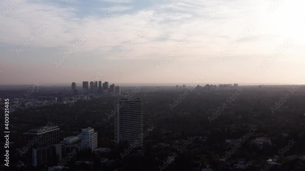 Wide aerial shot of Century City and Beverly Hills with low afternoon light. 4K Wide aerial shot of Century City and Beverly Hills with low afternoon light. 4K