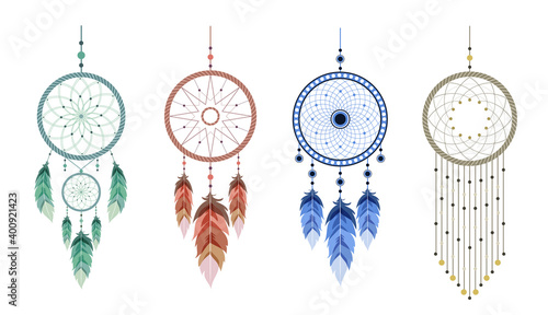 Dream catcher with mandala and feathers. Set of hand drawn indian talisman. Ethnic bohemian design element. Vector hipster illustration isolated on white background. Flat boho style.