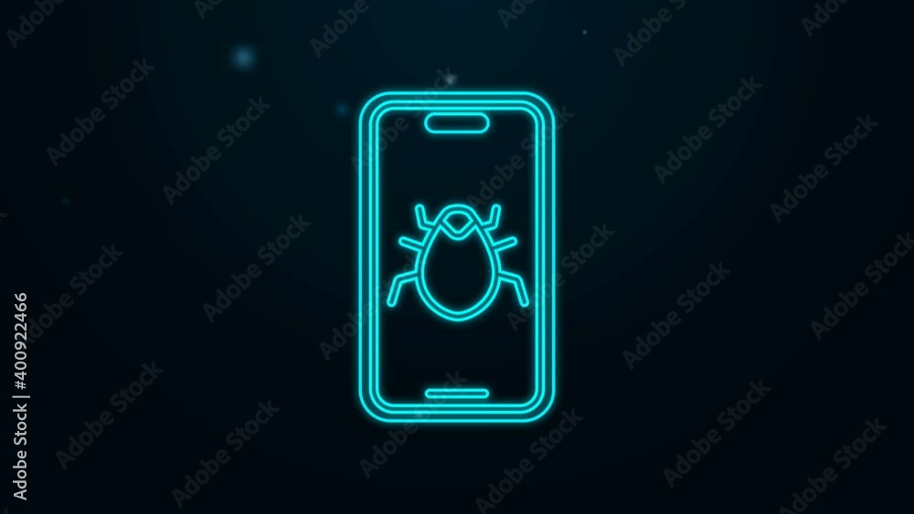 Glowing neon line System bug on mobile icon isolated on black background. Code bug concept. Bug in the system. Bug searching. 4K Video motion graphic animation Glowing neon line System bug on mobile icon isolated on black background. Code bug concept. Bug in the system. Bug searching. 4K Video motion graphic animation