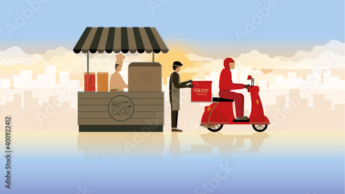 Online delivery business competition. Delivery man on motorcycle standby for food order from a chef in kiosk shop at early morning sunrise. The career lifestyle of work hard overtime 24 hours service.