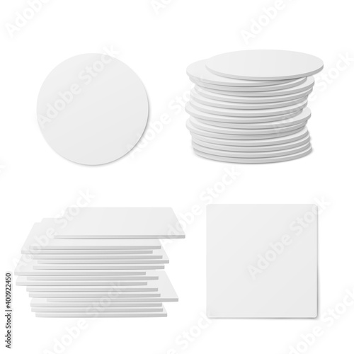 Round and square table coasters realistic vector illustration isolated.
