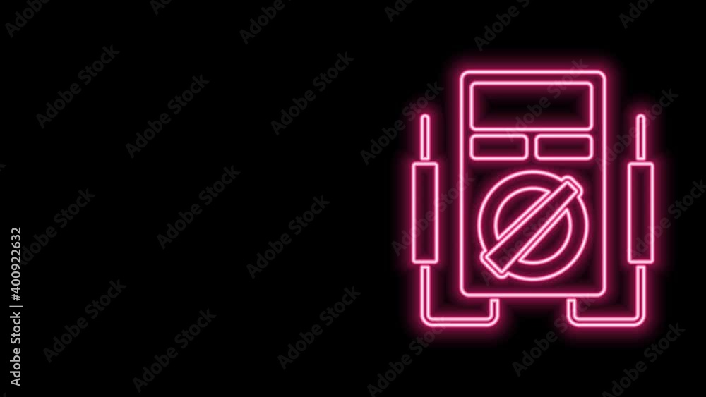 Glowing neon line Ampere meter, multimeter, voltmeter icon isolated on black background. Instruments for measurement of electric current. 4K Video motion graphic animation Glowing neon line Ampere meter, multimeter, voltmeter icon isolated on black background. Instruments for measurement of electric current. 4K Video motion graphic animation