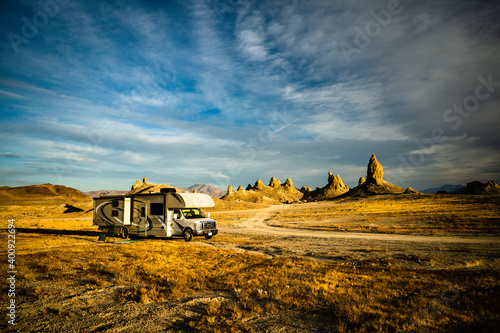 Lone RV camper parked at the Trona Pinnacles