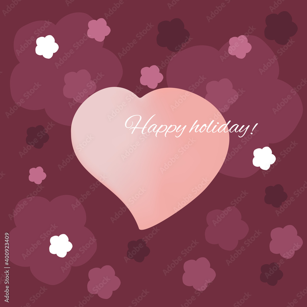 Happy Valentine's Day greeting card. Heart, spring flowers and the inscription: 