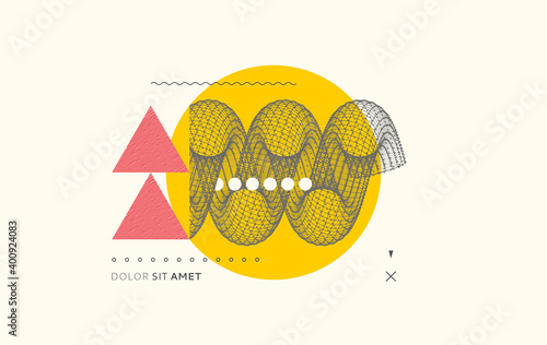 Abstract geometric composition with circle, triangle and spiral elements. Modern art graphics. Cover design template. Vector illustration for brochure, poster, banner or flyer.