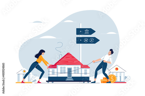 Mortgage refinance concept. Co-borrowers drag a home to the bank for house pawning with getting cash out. Property refinancing, house remortgage for web site design. Flat vector illustration photo