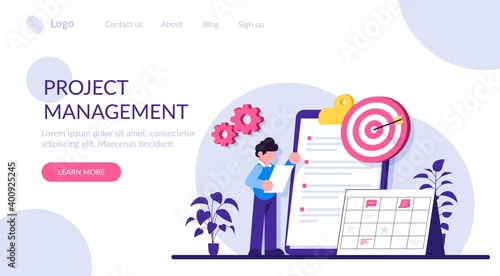 Project management flat concept vector. project management software, waterfall method, agile methodology, IT professional. Business analysis, planning process. Modern illustration.