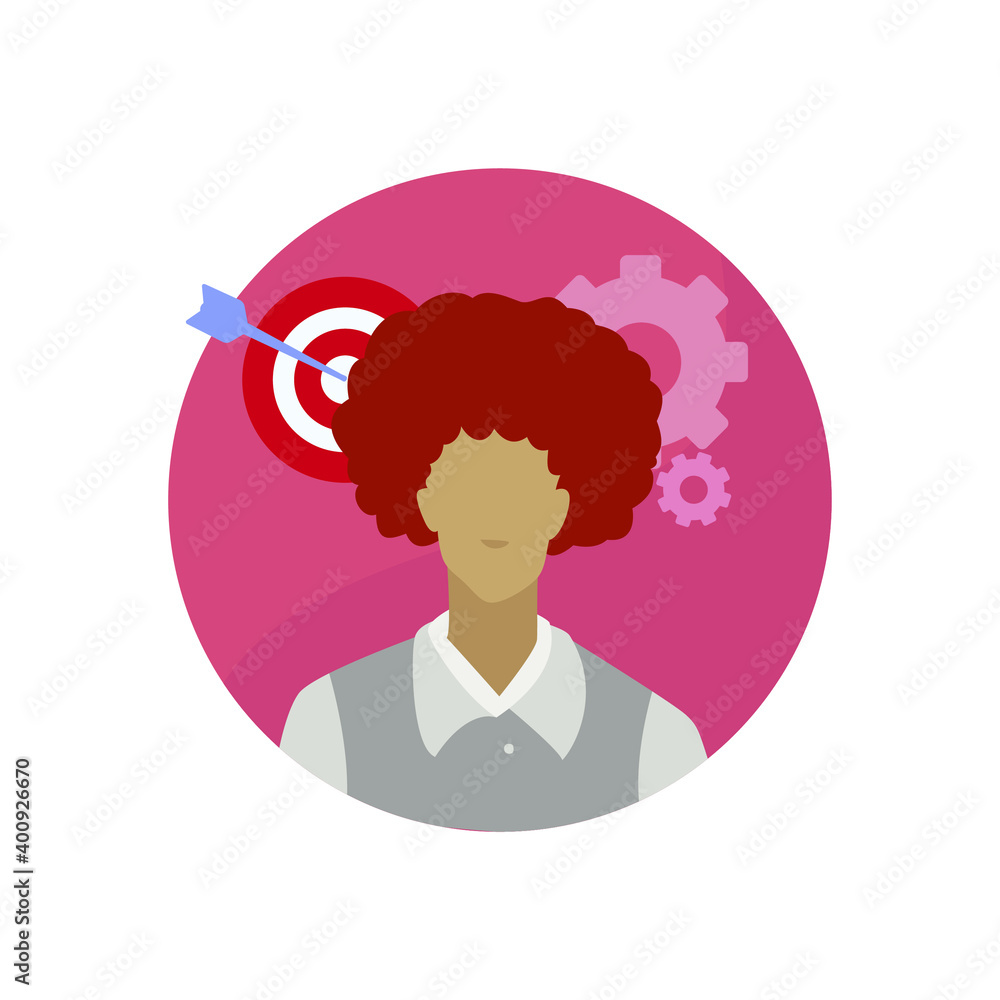 Avatar flat design of woman employee, businesswoman focus target brainstorming vector concept Avatar flat design of woman employee, businesswoman focus target brainstorming vector concept