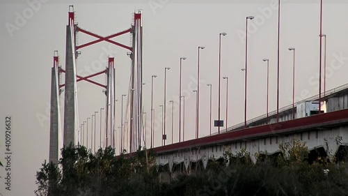 The Zarate Brazo Largo Bridge, two cable-stayed road and railway bridges crossing the Parana River, Entre Rios province, Argentina.  photo